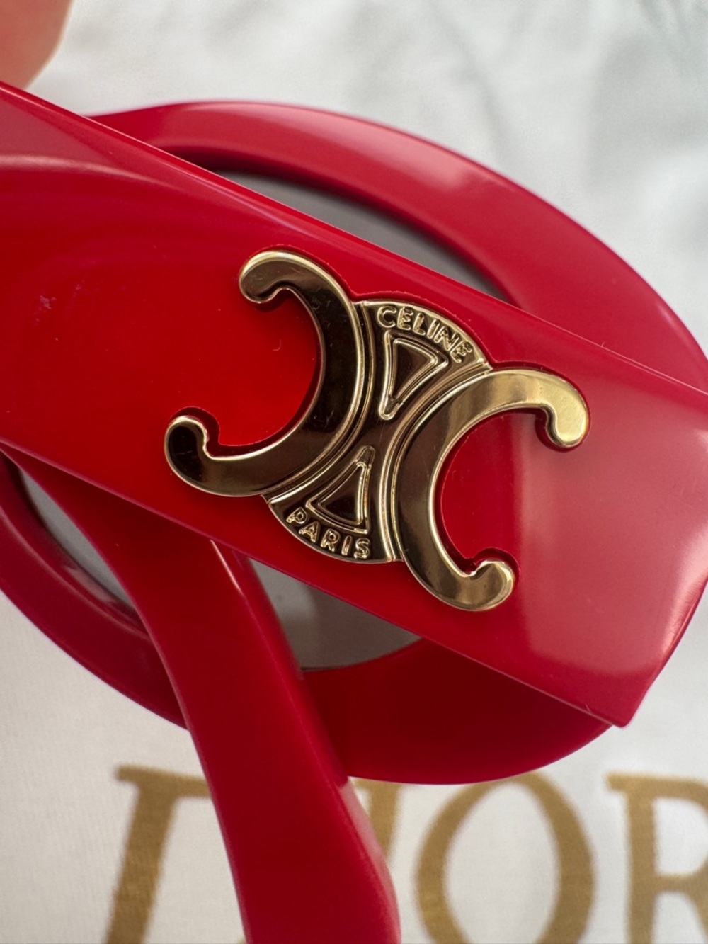 Celine Triomphe Oval Sunglasses in Red with Gold Logo - Picture 4 of 10